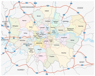  Magnetic map of London, administrative, colored