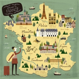  Magnetic map of France, illustrated, colored