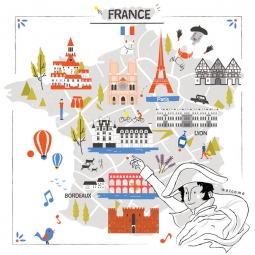  Magnetic map of France, illustrated, colored