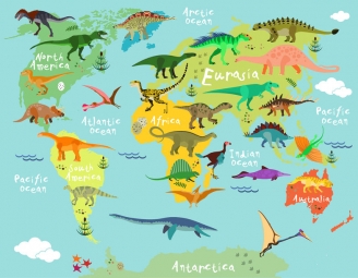  Magnetic map of world, illustrated, dinosaurs