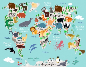  Magnetic map of world, illustrated, animals