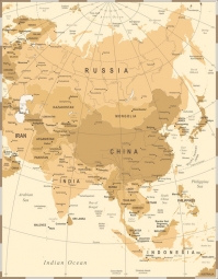  Magnetic map of Asia, vintage, beige