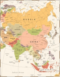  Magnetic map of Asia, vintage, beige