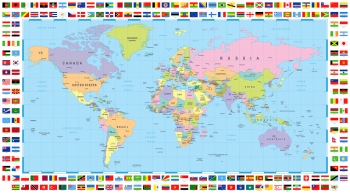  Magnetic map of world, political, with flags