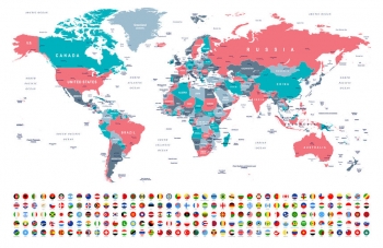  Magnetic map of world, illustrated, with flags