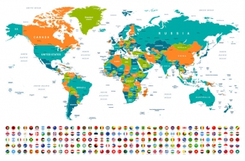  Magnetic map of world, illustrated, with flags