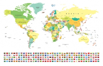  Magnetic map of world, vector, with flags