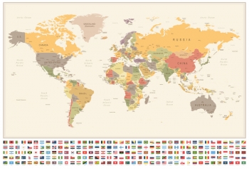  Magnetic map of world, vintage, with flags