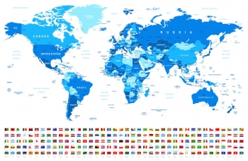  Magnetic map of world, vector, with flags