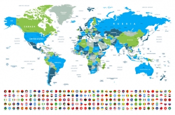  Magnetic map of world, illustrated, with flags