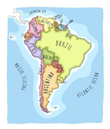  Magnetic map of South America, cartoon, colored