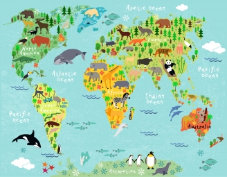  Magnetic map of world, children's, animals