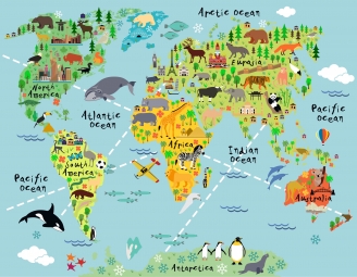  Magnetic map of world, children's, animals