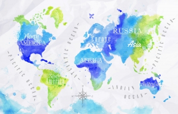  Magnetic map of world, watercolor, green-blue