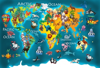  Magnetic map of world, children's, animals