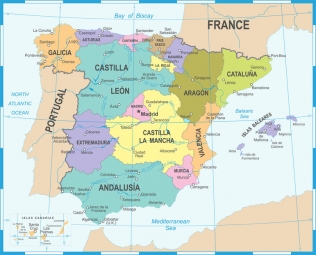  Magnetic map of Spain, illustrated, colored