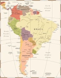  Magnetic map of South America, vintage, colored